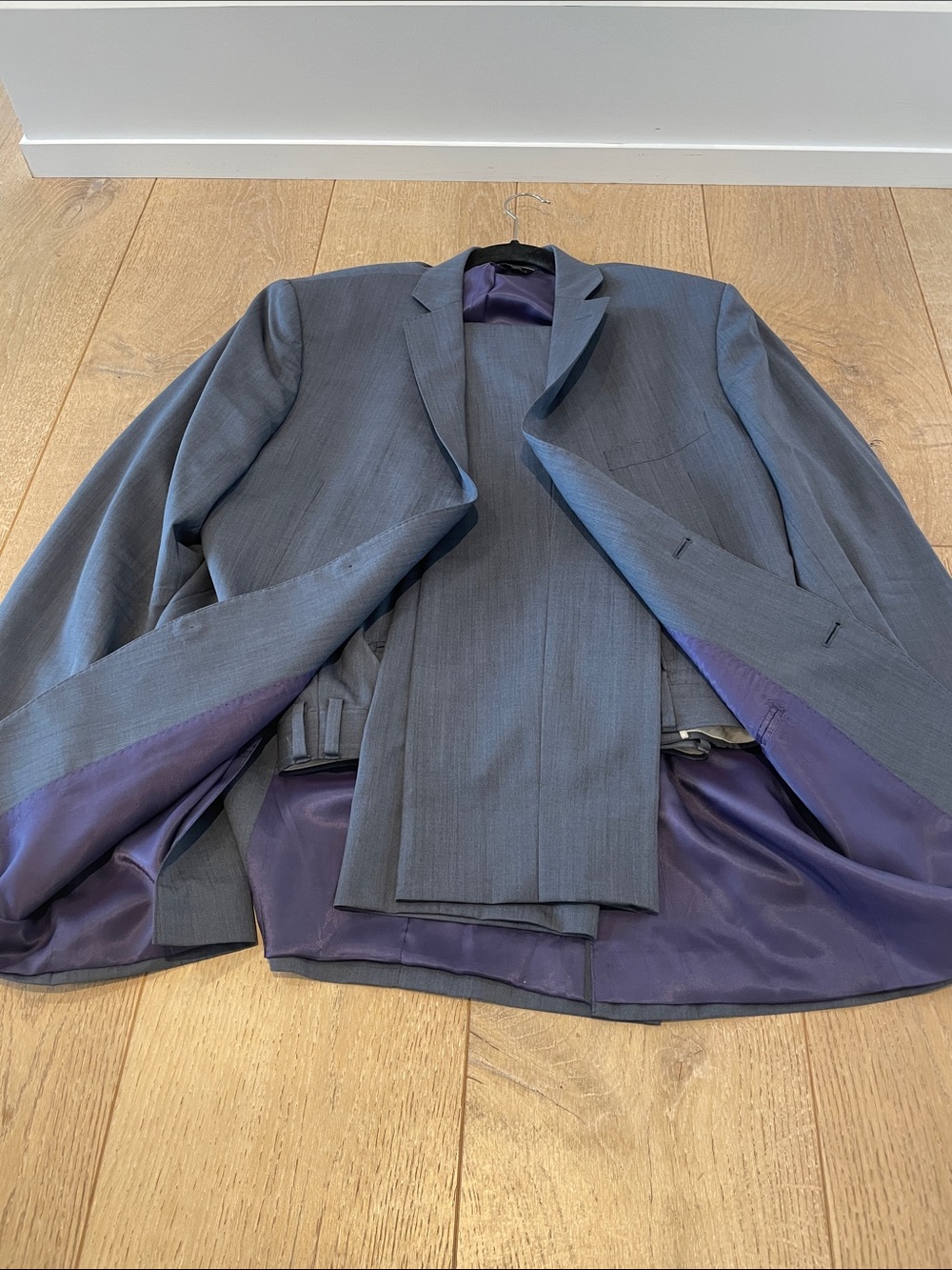 Saks Fifth Avenue Gray Pinstripe Suit Jacket with Purple Lining
